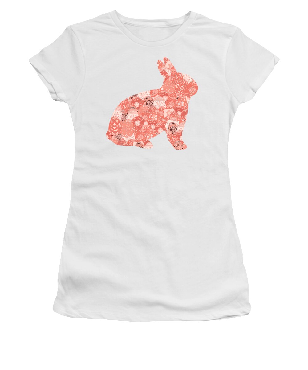 Bunny Women's T-Shirt featuring the digital art Patchwork Bunny in Trendy Living Coral by Marianne Campolongo