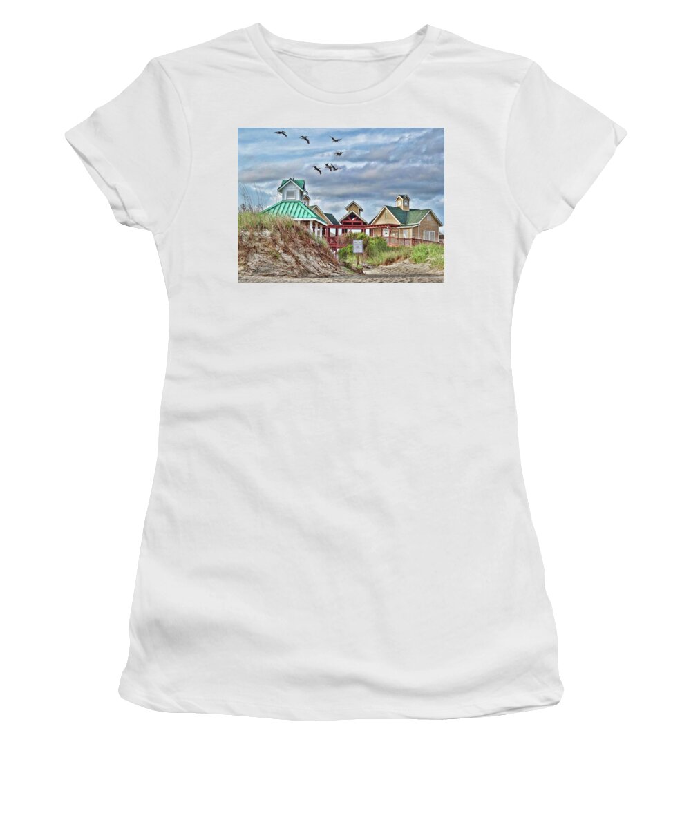Beach Women's T-Shirt featuring the photograph Pelicans over St. James Beach Club by Don Margulis