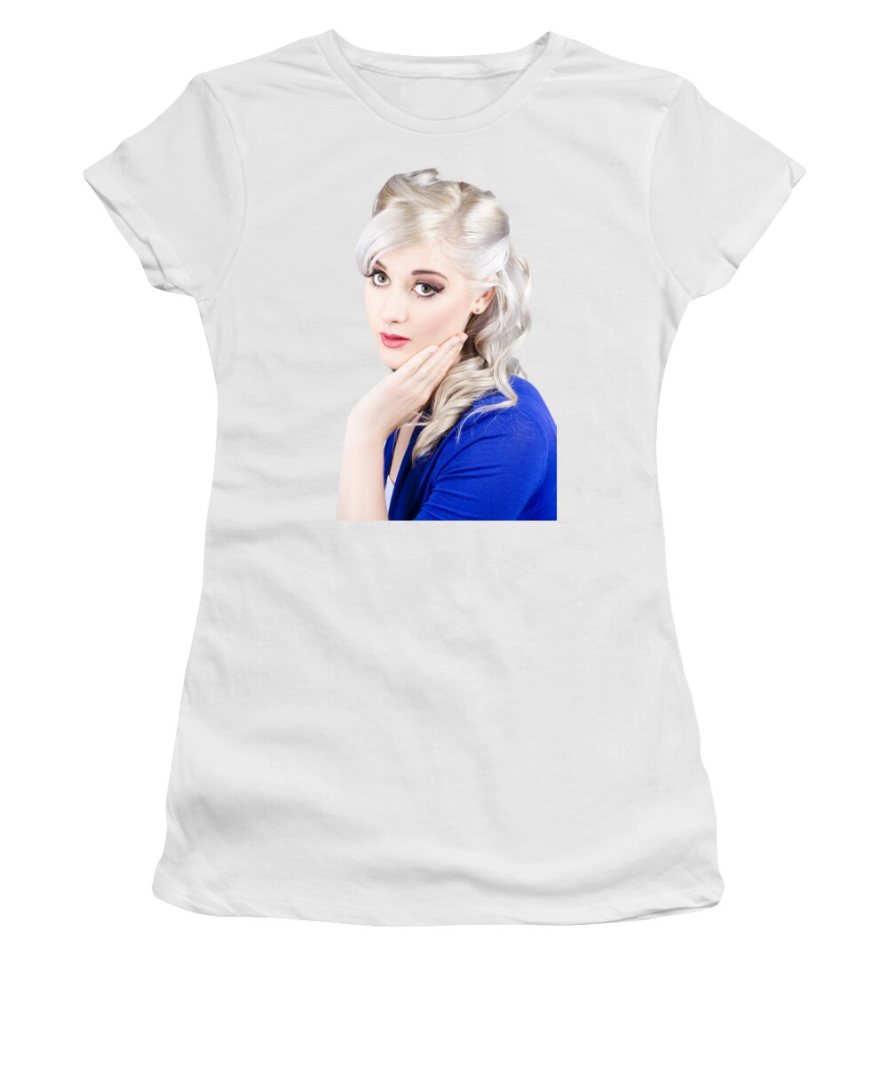 Makeup Women's T-Shirt featuring the photograph Pin up girl with soft clean skin by Jorgo Photography
