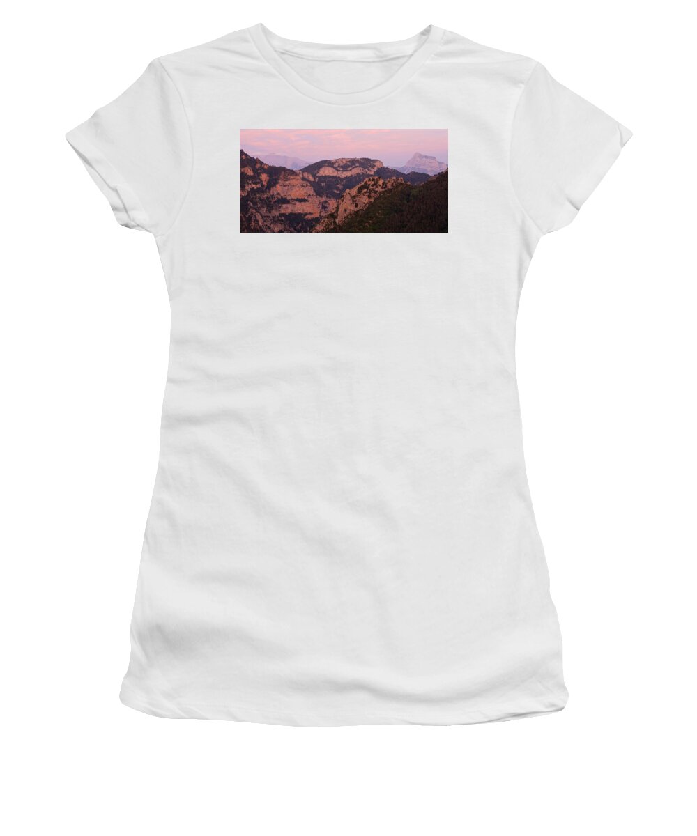 Pena Montanesa Women's T-Shirt featuring the photograph Pink Skies above Pena Montanesa by Stephen Taylor
