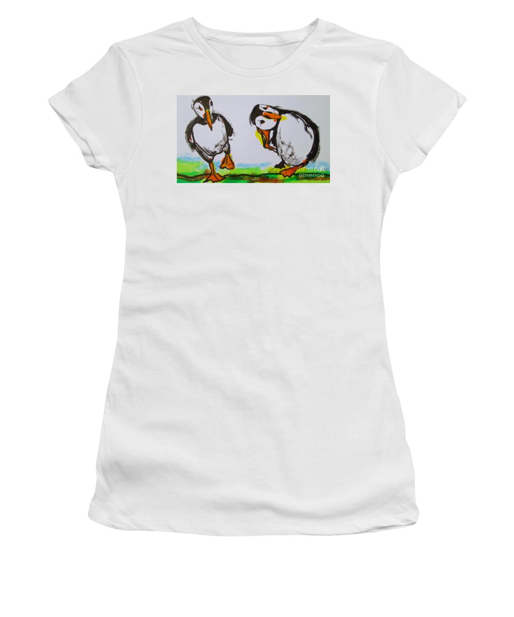 Puffins Women's T-Shirt featuring the pastel painting of Playful puffins ireland by Mary Cahalan Lee - aka PIXI