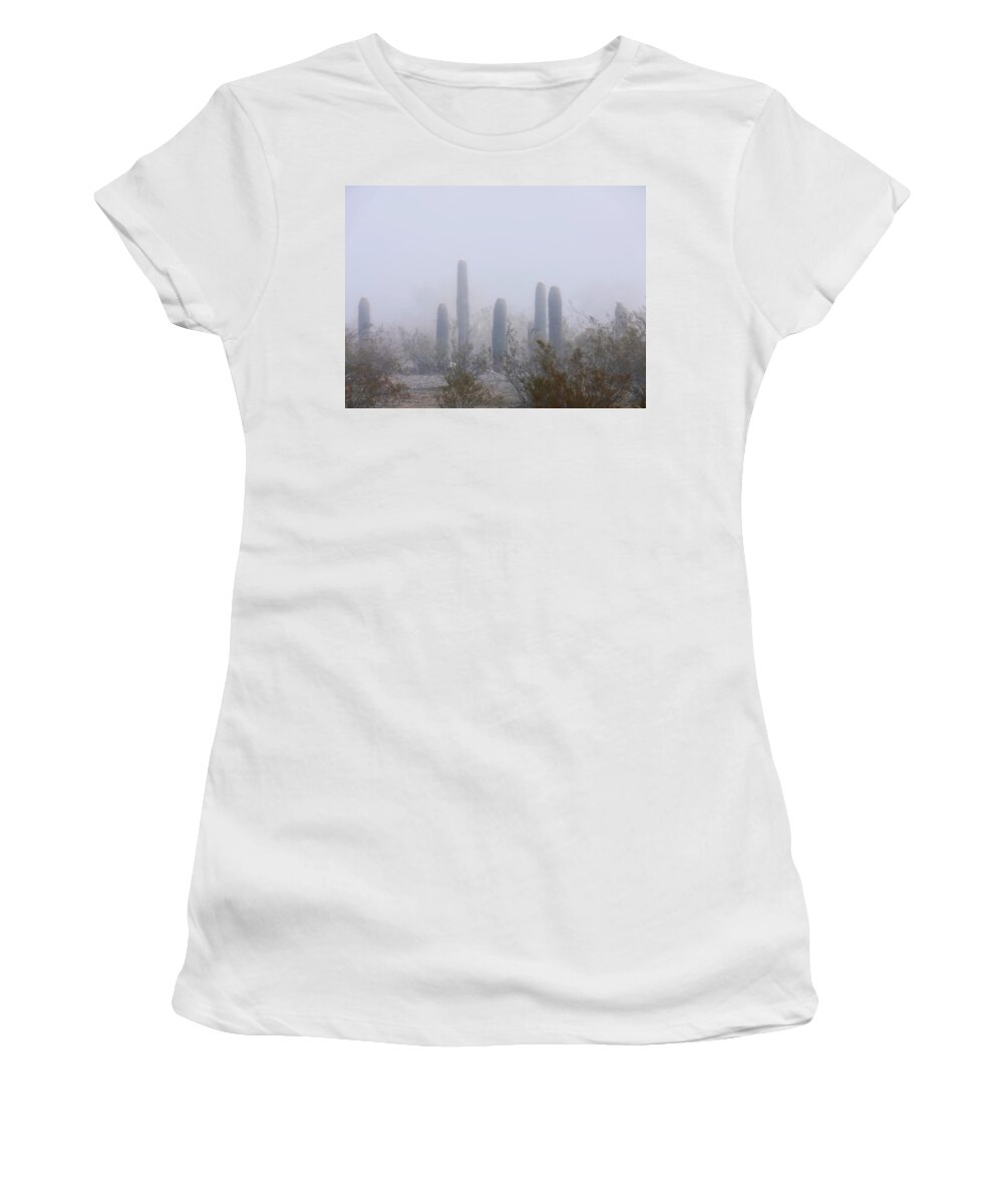 Affordable Women's T-Shirt featuring the photograph Rare Desert Fog by Judy Kennedy