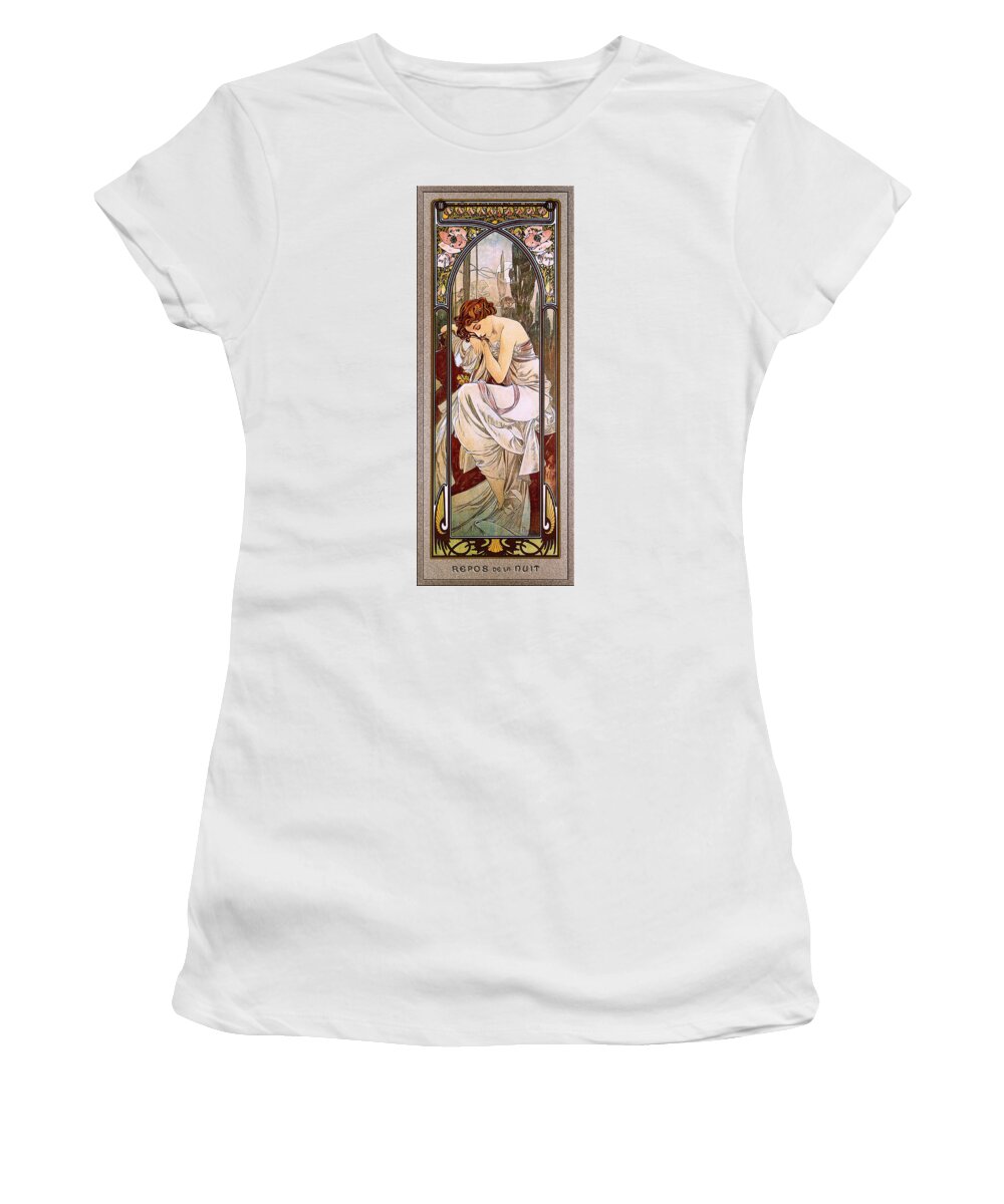 Rest Of The Night Women's T-Shirt featuring the painting Rest Of The Night by Alphonse Mucha by Xzendor7
