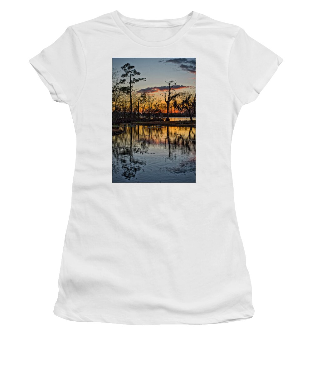 River Women's T-Shirt featuring the photograph Riverside Sunset by Tom Gresham