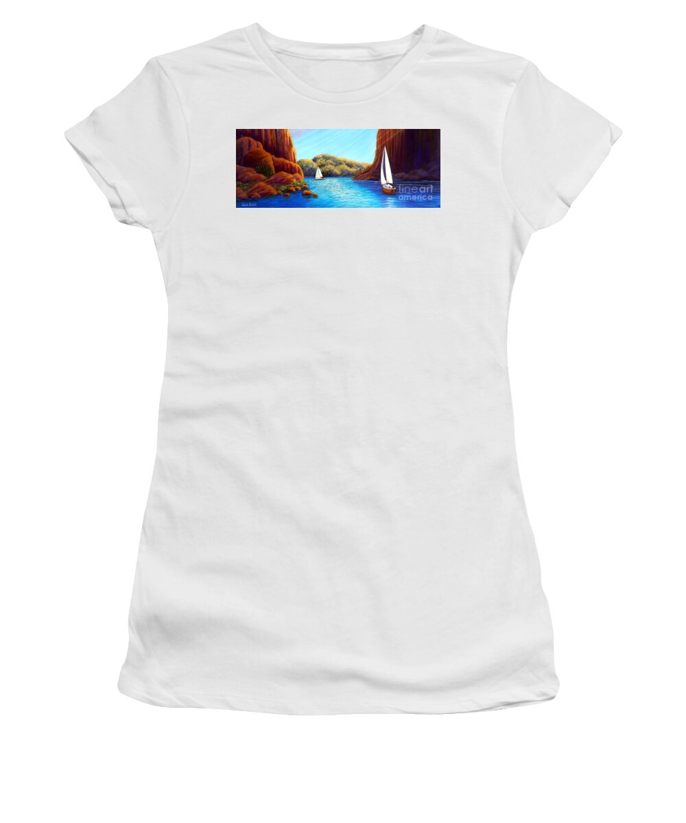Round Women's T-Shirt featuring the painting 'Round the Bend, Excerpt, Wide Format by Sarah Irland