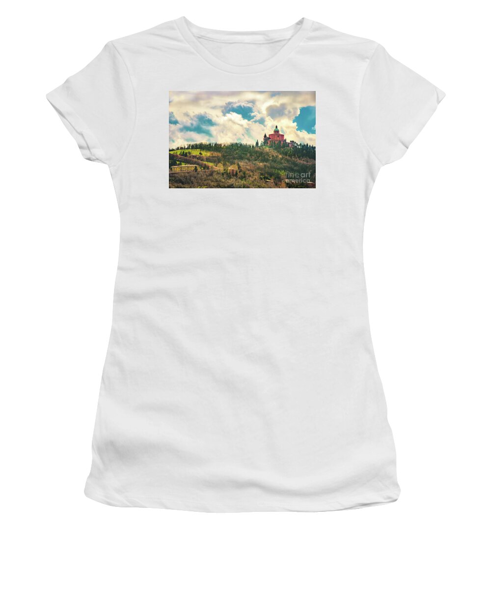 San Luca Women's T-Shirt featuring the photograph San Luca basilica in Bologna hills with the long porch archway - Italy by Luca Lorenzelli