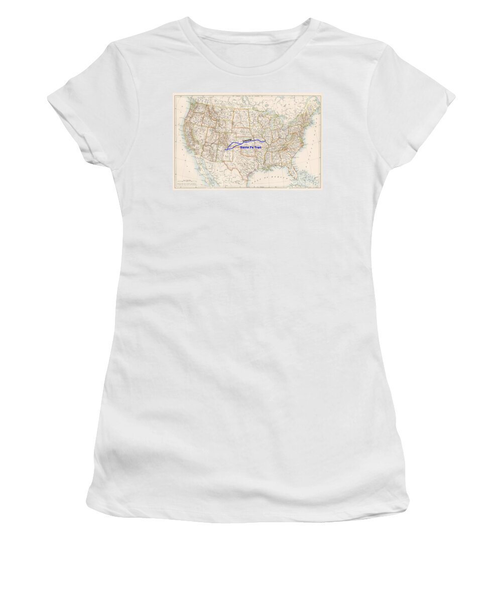 Santa Fe Women's T-Shirt featuring the painting Santa Fe Trail Route On An 1870s Map Of The Us by American School