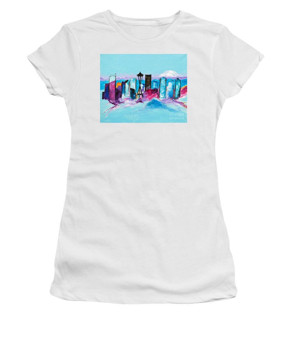 Seattle Women's T-Shirt featuring the painting Seattle Skyline by Art by Danielle