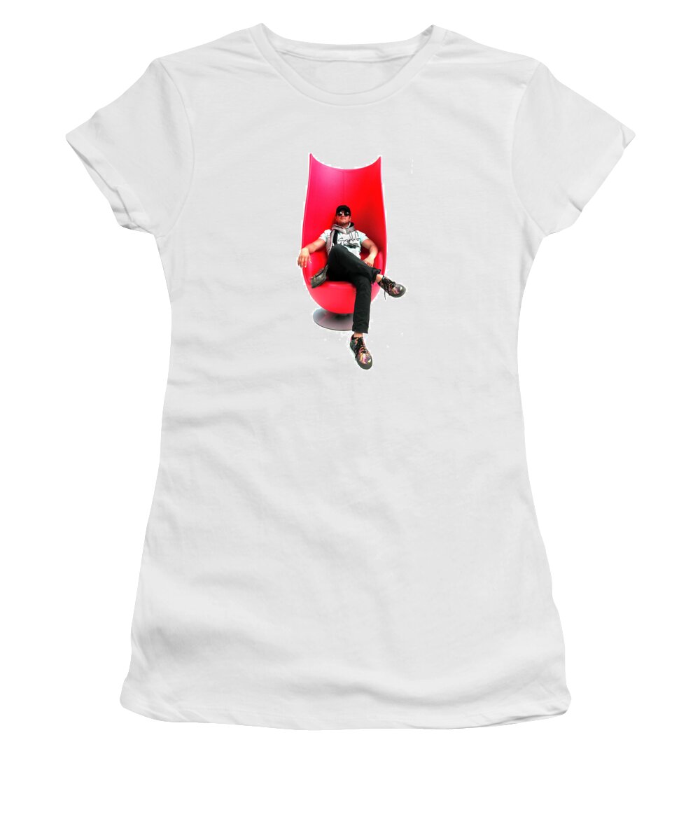Artist Chair Red Glasses Cool La Hollywood Beverly Hills Man Guy Dude Male Masculine Art Scarf Simple Simplistic Minimal Famous Actor Star Women's T-Shirt featuring the digital art Sergio in Beverly Hills by Jamie Looney