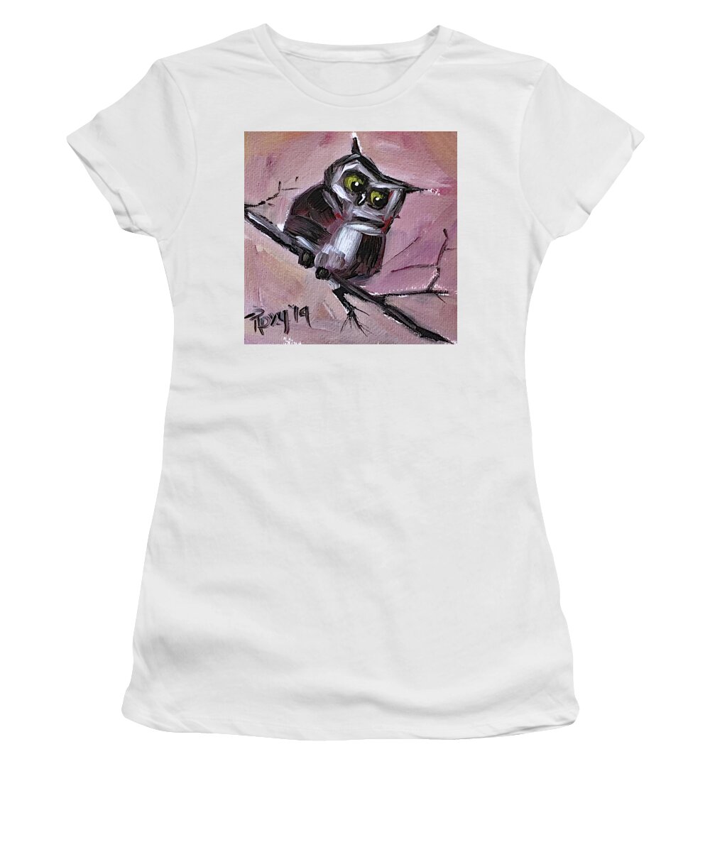 Owl Women's T-Shirt featuring the painting Sideways by Roxy Rich