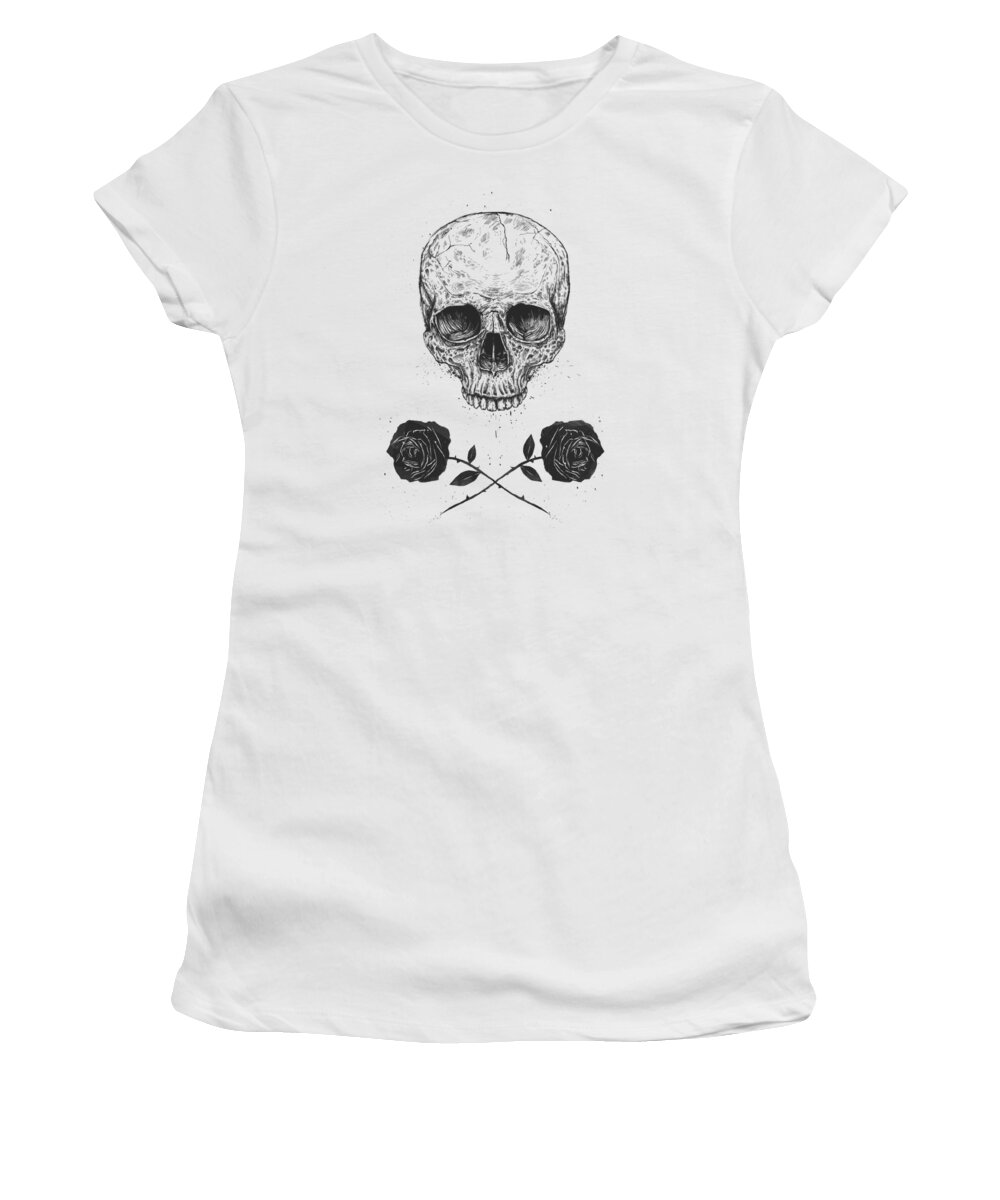 Skull Women's T-Shirt featuring the drawing Skull N' Roses by Balazs Solti