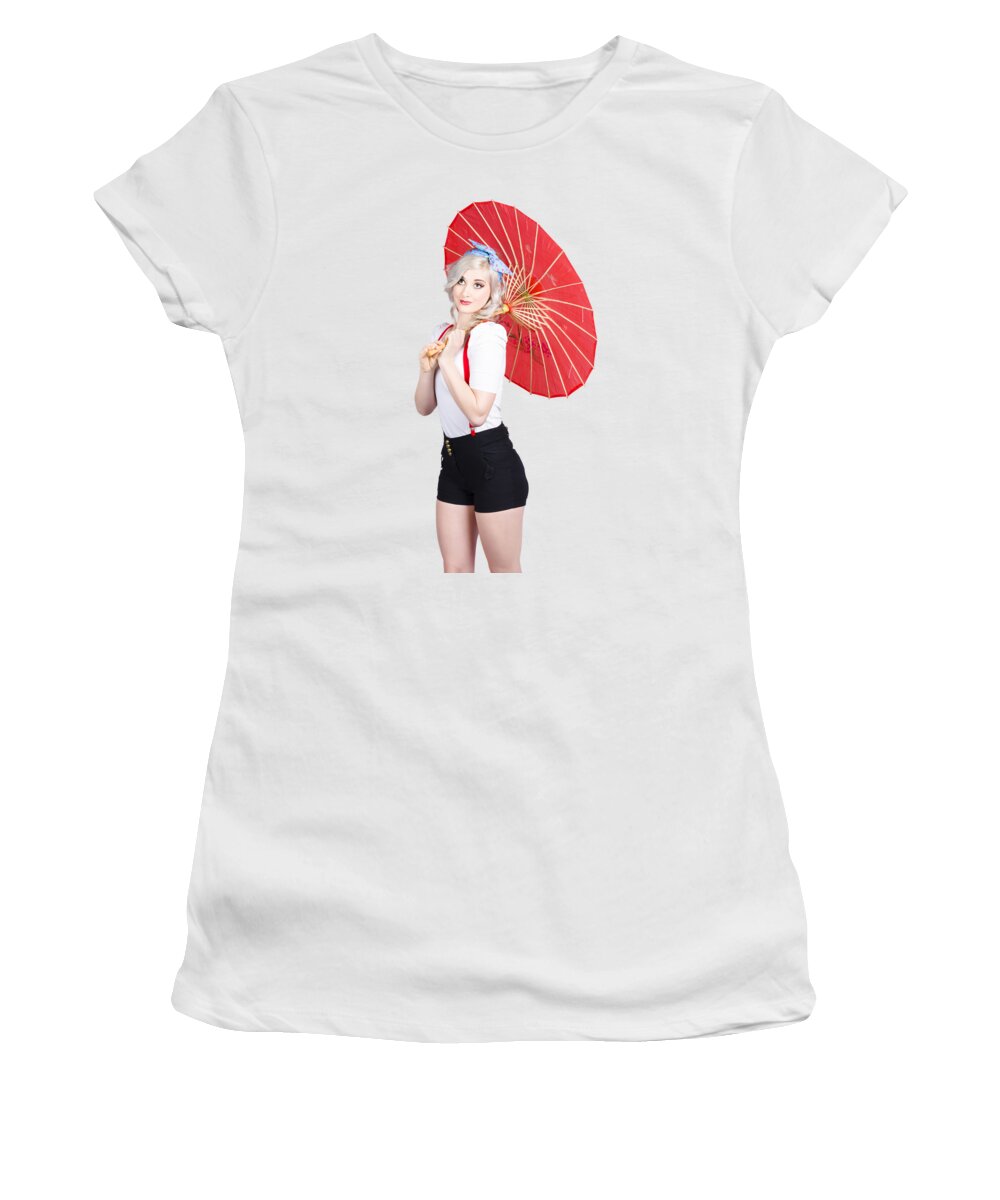 Vintage Women's T-Shirt featuring the photograph Smiling retro woman holding a red umbrella by Jorgo Photography