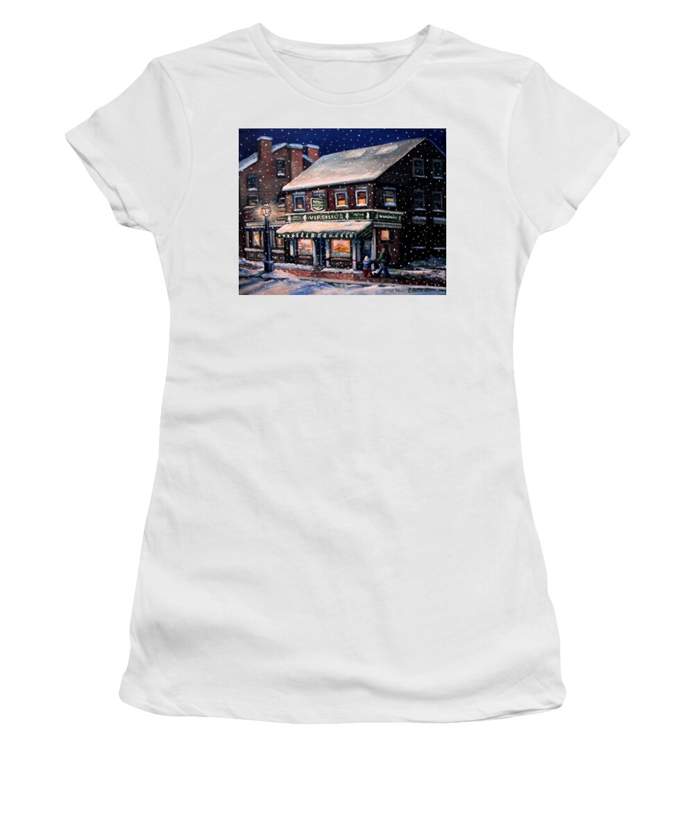 Winter Women's T-Shirt featuring the painting Snowy Evening in Gloucester, MA by Eileen Patten Oliver