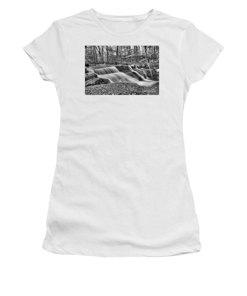 Stickney Brook Falls Women's T-Shirt featuring the photograph Stickeny Brook Falls Cascades Black And White by Adam Jewell