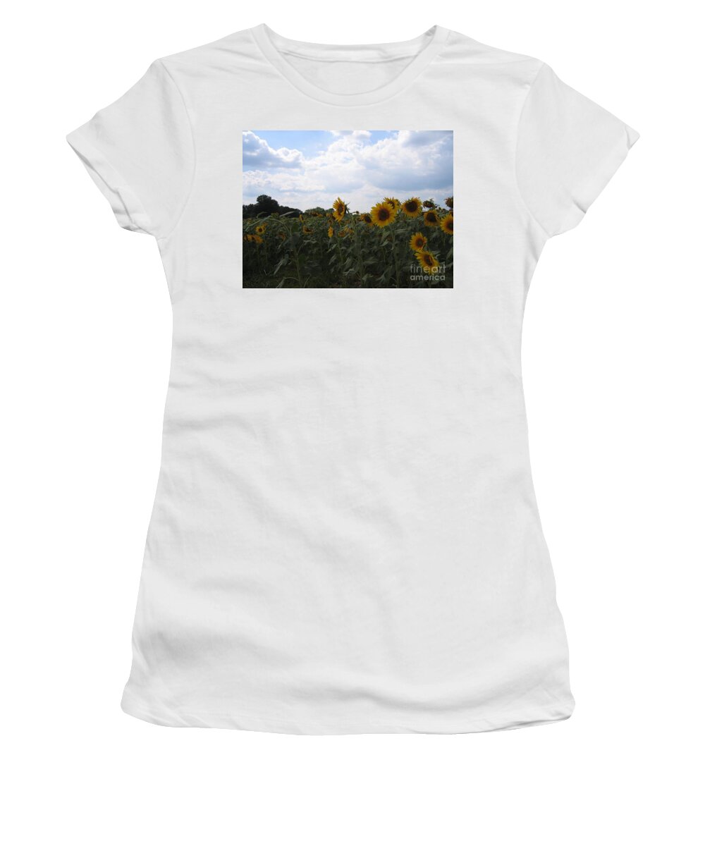 Sunflowers Women's T-Shirt featuring the photograph Sunflowers Cloudy Blue Sky by Marilyn Nolan-Johnson by Marilyn Nolan-Johnson