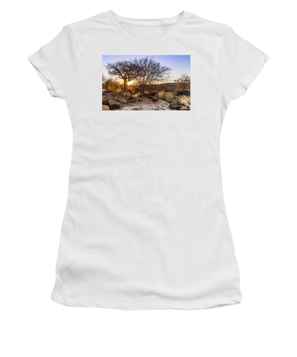 Sunset Women's T-Shirt featuring the photograph Sunset in the Erongo bush by Lyl Dil Creations