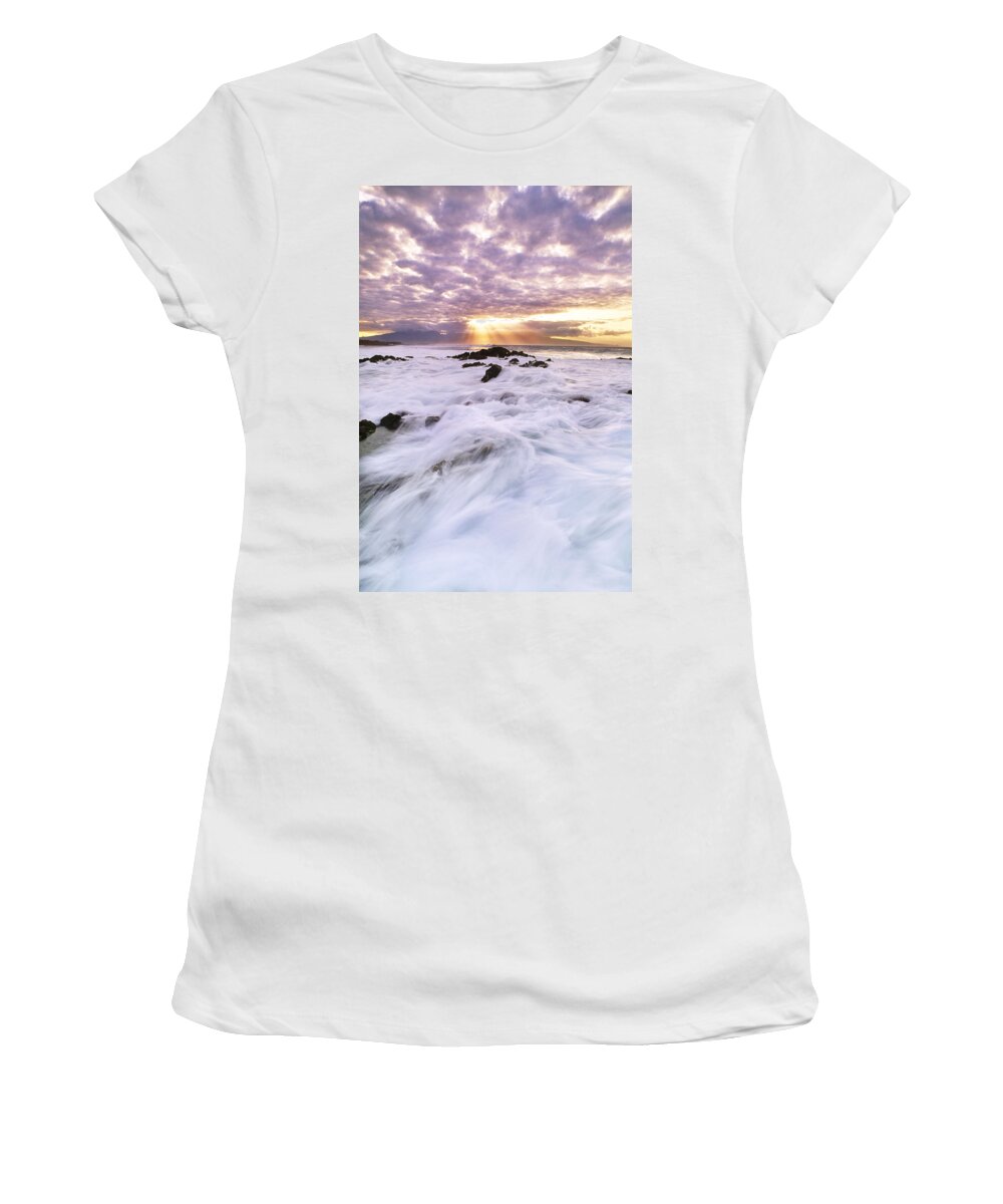 Coastal Feature Women's T-Shirt featuring the photograph Surf At Sunset, Hawaii by Mint Images