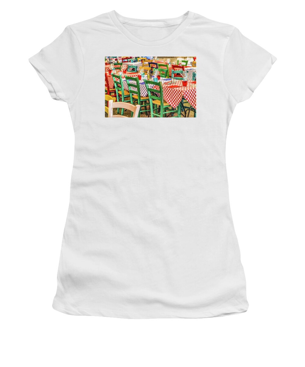 Cinque Women's T-Shirt featuring the photograph tables in Italian restaurant by Vivida Photo PC