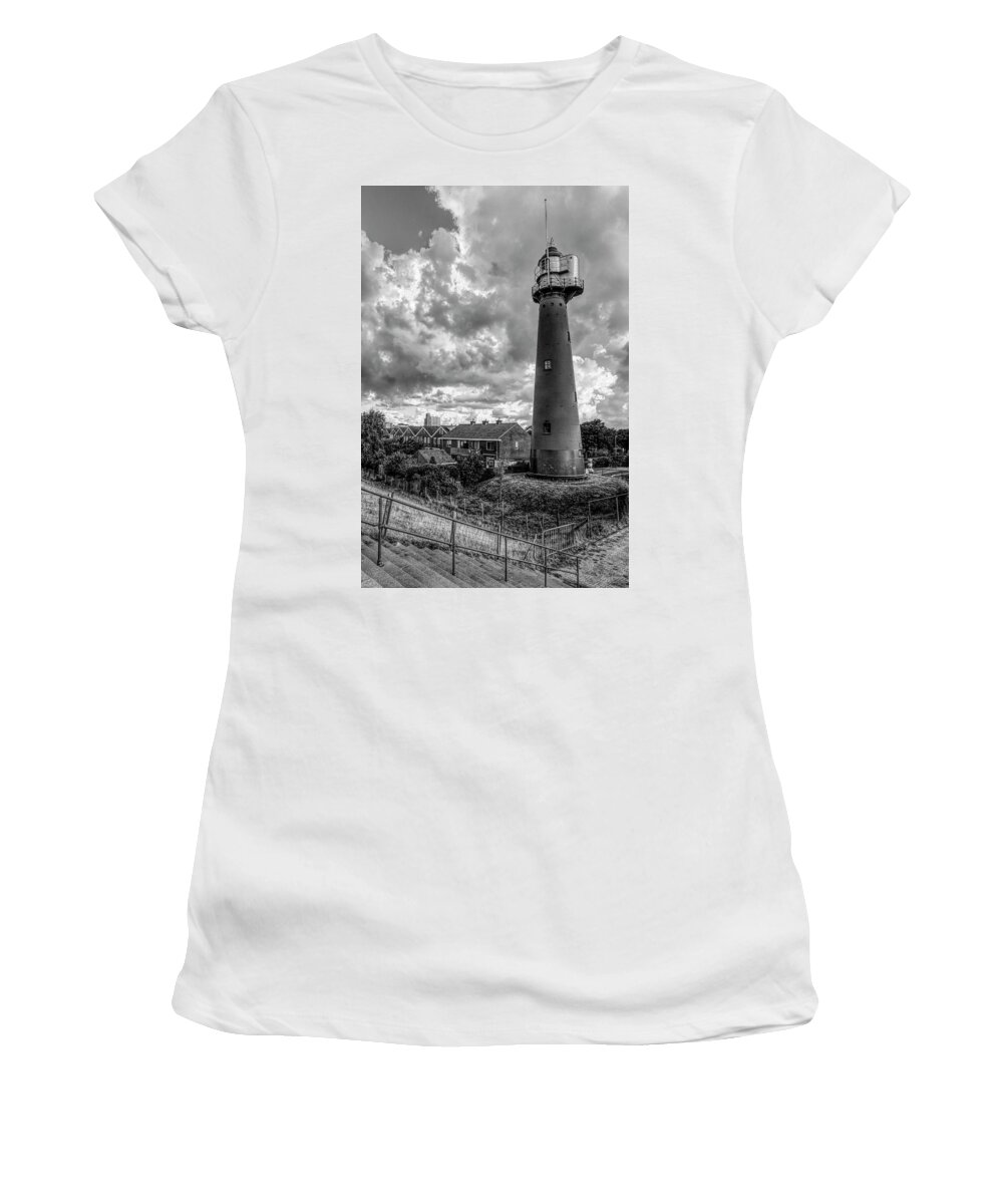 Barns Women's T-Shirt featuring the photograph Tall Lighthouse in Holland Black and White by Debra and Dave Vanderlaan