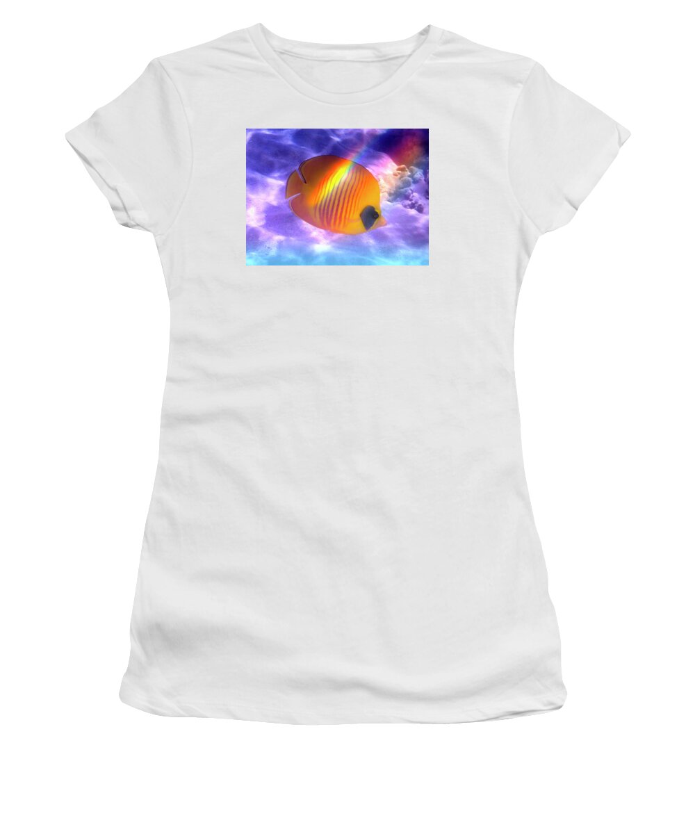 Underwater Women's T-Shirt featuring the photograph The Bluecheeked Butterflyfish Colorfully by Johanna Hurmerinta