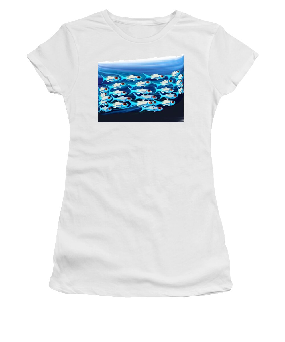 Modern Abstract Women's T-Shirt featuring the painting The Fish Ball - Here We Go Round by Joan Stratton