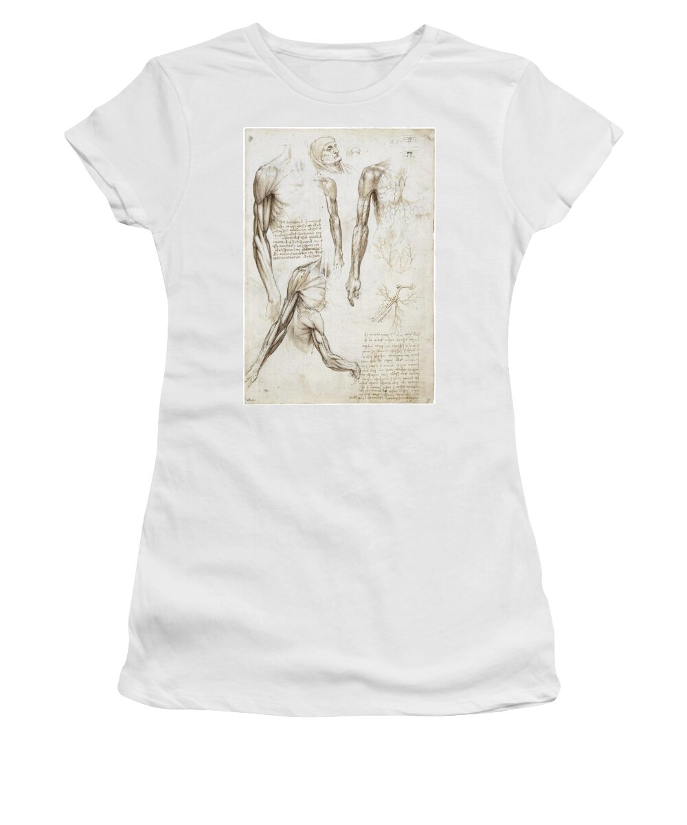 Leonardo Da Vinci Women's T-Shirt featuring the painting The muscles of the arm, and the veins of the arm and trunk. c.1510-11. Black chalk, pen and ink, ... by Leonardo da Vinci -1452-1519-