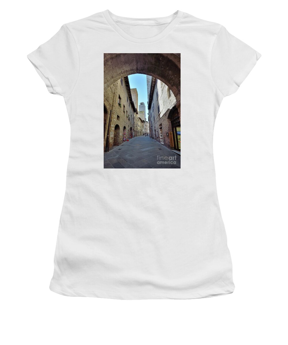 Toscana Women's T-Shirt featuring the photograph The Street of San Gimignano by Jim Chamberlain