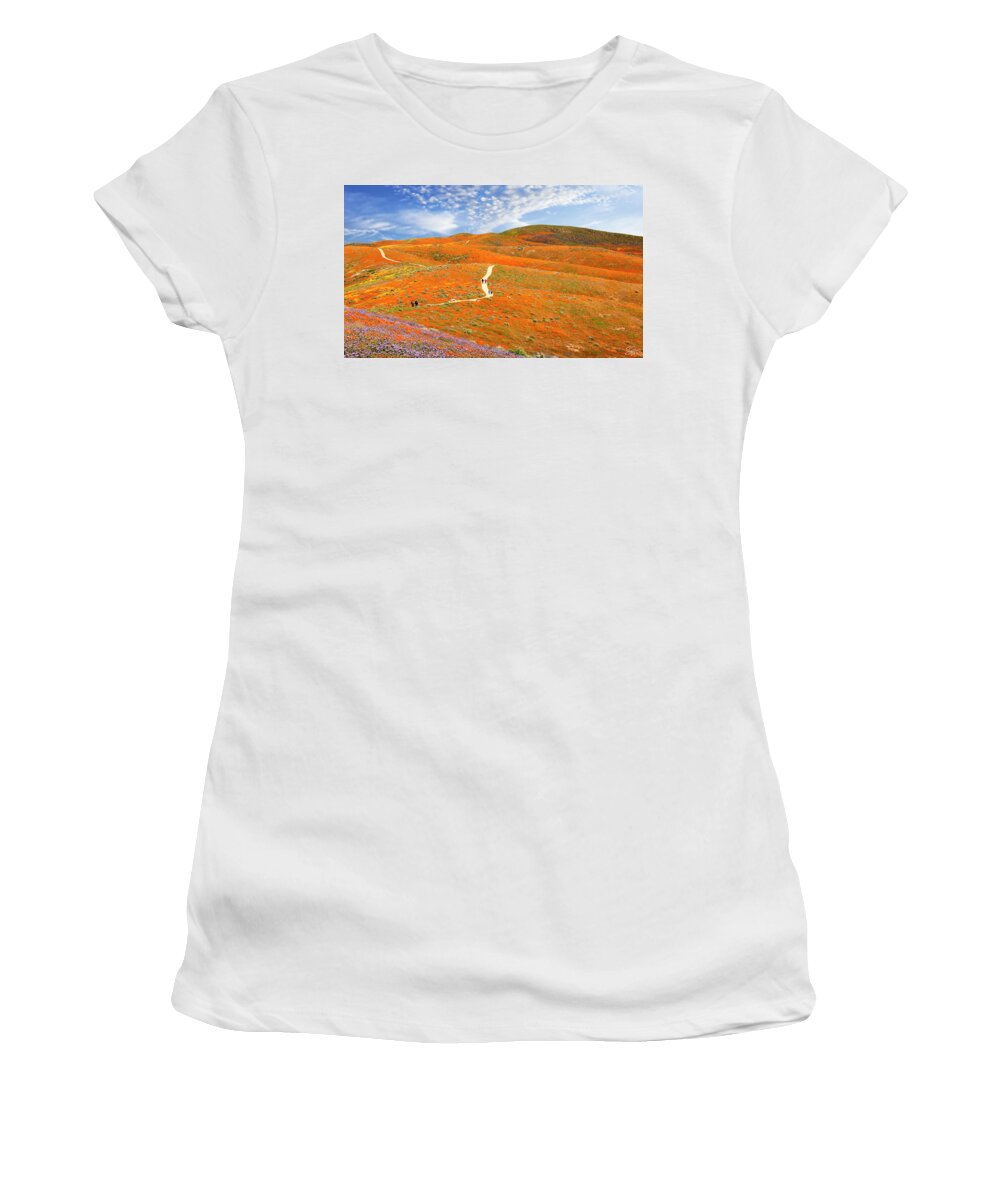 Antelope Valley Poppy Reserve Women's T-Shirt featuring the photograph The Trail Through The Poppies by Endre Balogh