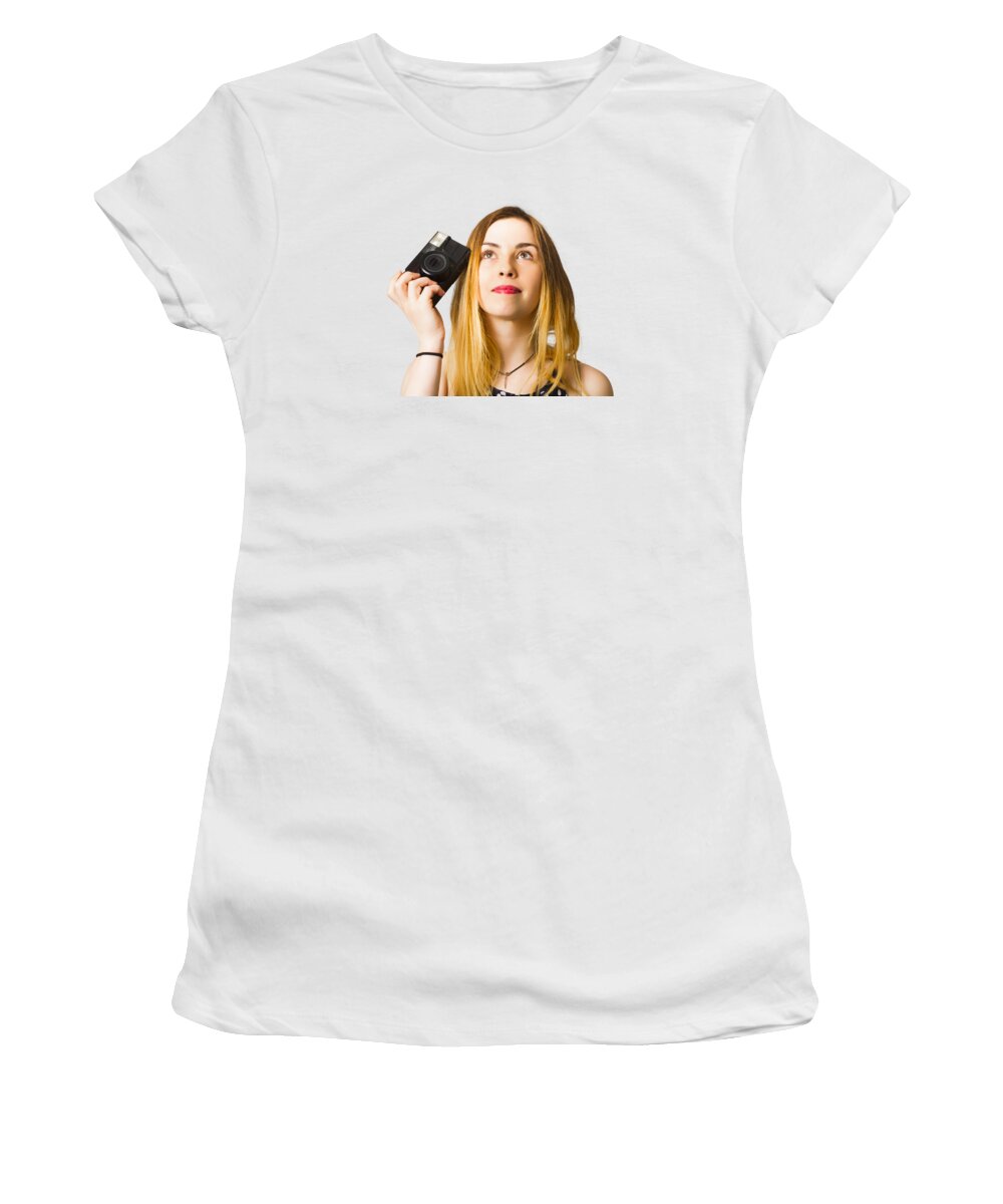 Photo Women's T-Shirt featuring the photograph Thinking photographer girl by Jorgo Photography