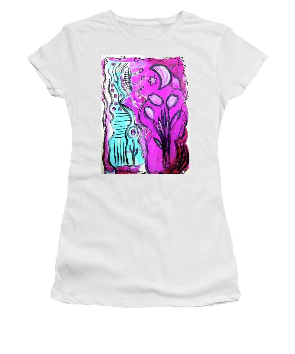 Moon Women's T-Shirt featuring the painting Three Tulips under the Moon by Mimulux Patricia No
