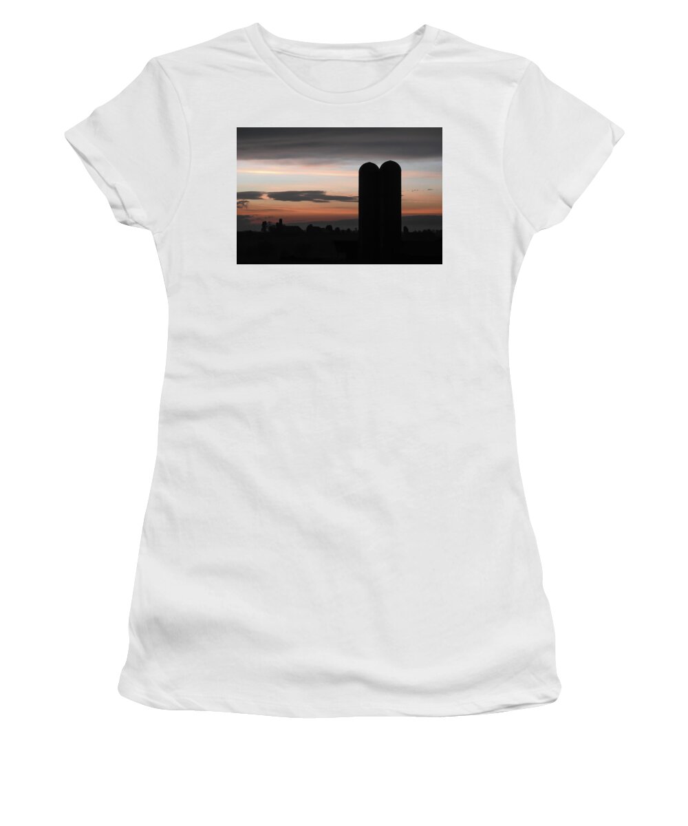 Pink Clouds Women's T-Shirt featuring the photograph Twilight Silos by Tana Reiff