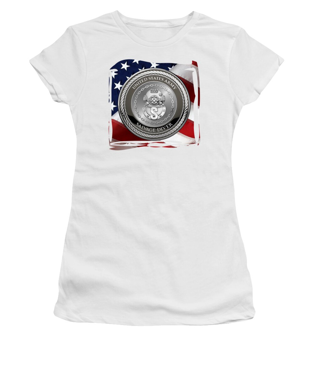 Military Insignia & Heraldry Collection By Serge Averbukh Women's T-Shirt featuring the digital art U. S. Army Engineer Divers - Salvage Diver Badge Special Edition over American Flag by Serge Averbukh