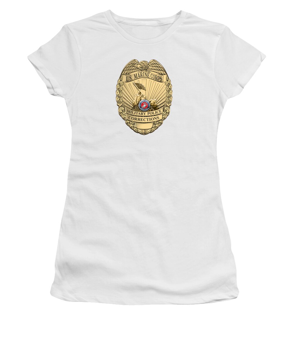 'military Insignia & Heraldry' Collection By Serge Averbukh Women's T-Shirt featuring the digital art U. S. Marine Corps Military Police - U S M C M P Corrections Badge over White Leather by Serge Averbukh