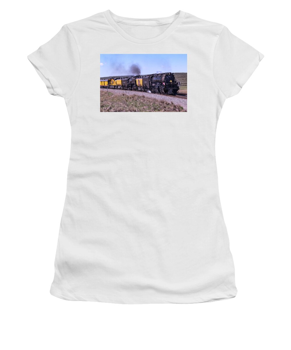 Locomotive Women's T-Shirt featuring the photograph UP 4014 and 844 Steam Locomotive Double Header by Rick Pisio