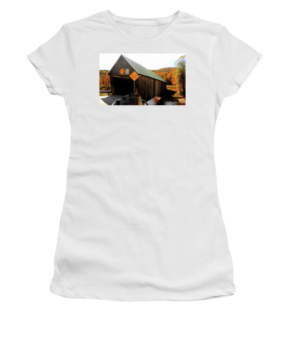 Covered Bridge Women's T-Shirt featuring the photograph Vermont Covered Bridge in Autumn by Linda Stern