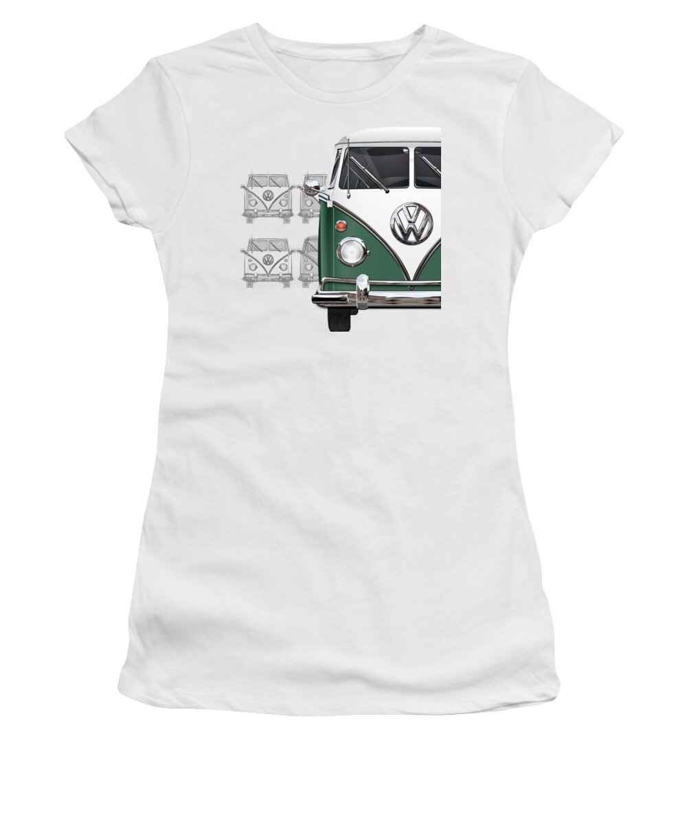 ‘volkswagen Type 2’ Collection By Serge Averbukh Women's T-Shirt featuring the digital art Volkswagen Type 2 - Green and White Volkswagen T1 Samba Bus over Vintage Sketch by Serge Averbukh