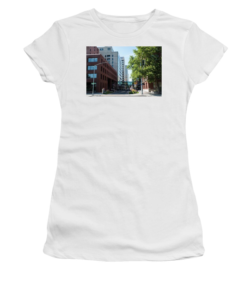 Wall Street In Spokane Women's T-Shirt featuring the photograph Wall Street in Spokane by Tom Cochran
