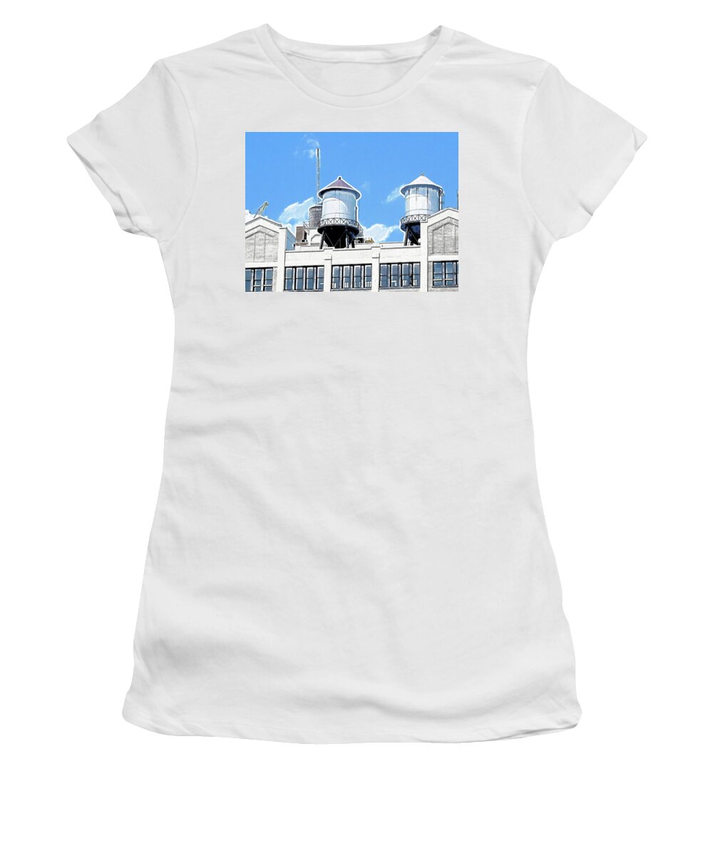 Water Women's T-Shirt featuring the painting Water tanks on the roof of a building in New York City by Jeelan Clark
