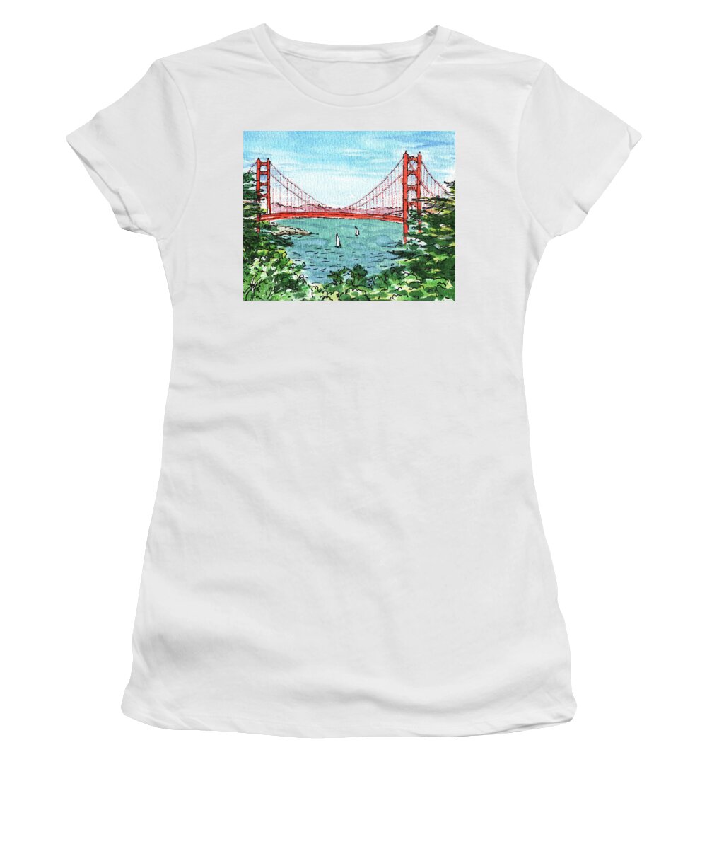 Golden Gate Women's T-Shirt featuring the painting Watercolor Landscape With Golden Gate Bridge by Irina Sztukowski