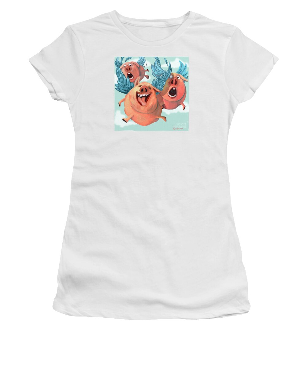 Pig Women's T-Shirt featuring the digital art When Pigs Fly by Robin Wiesneth