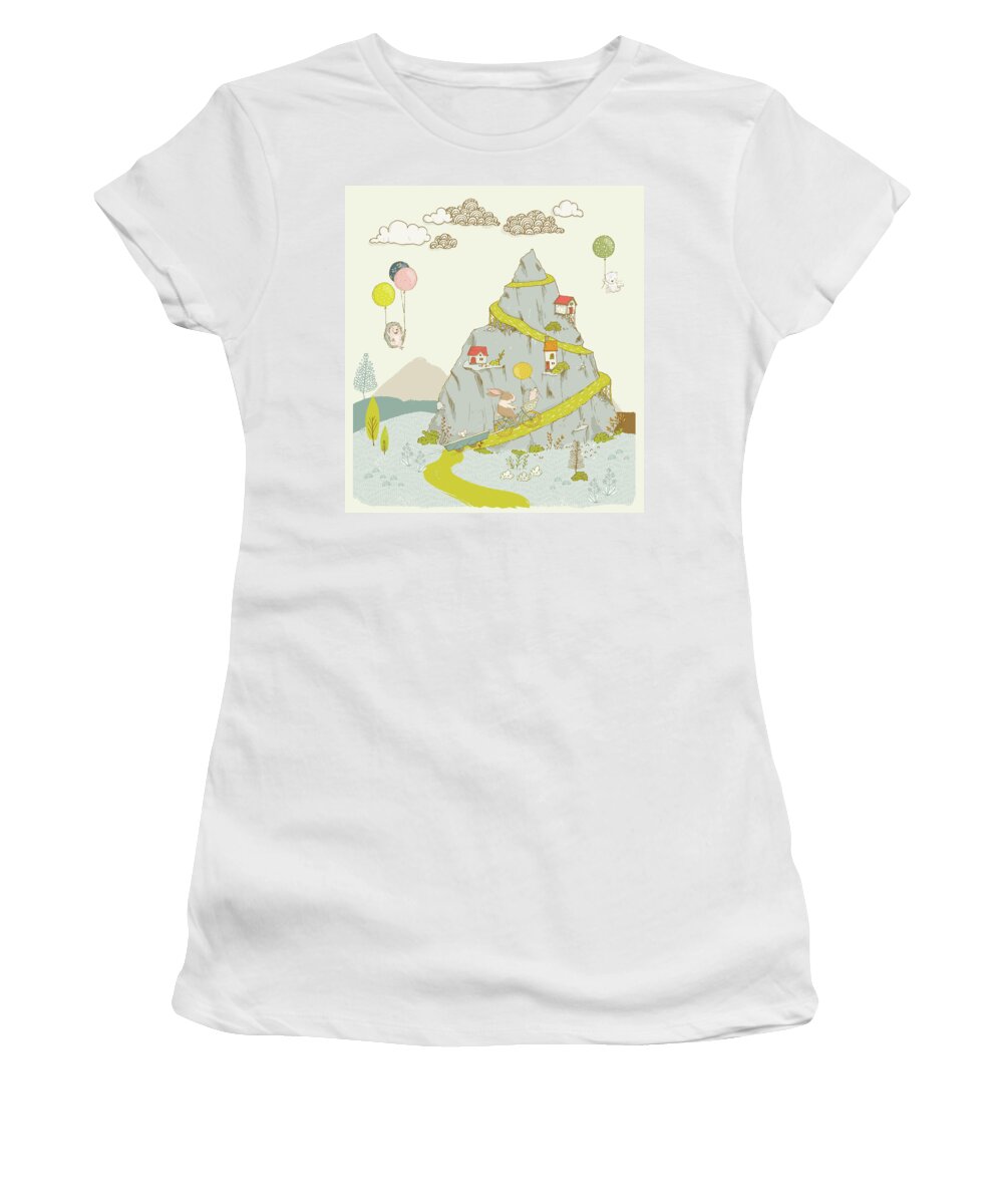 Whimsical Women's T-Shirt featuring the painting Whimsical mountain and animal art for kids by Matthias Hauser