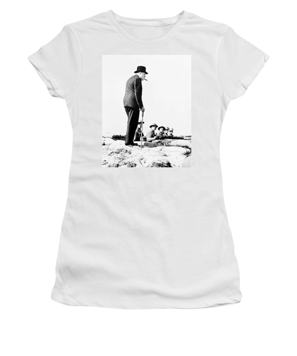 Winston Churchill Visiting Coastal Defences Near Dover In 1940 Women's T-Shirt featuring the photograph Winston Churchill Visiting Coastal Defences Near Dover In 1940, Photo by English Photographer