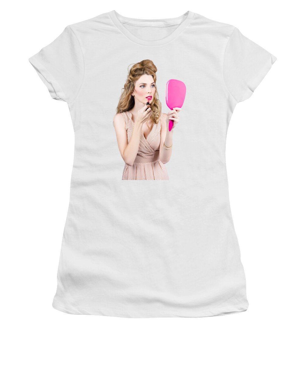 Cosmetics Women's T-Shirt featuring the photograph Woman applying lip makeup with cosmetics mirror by Jorgo Photography