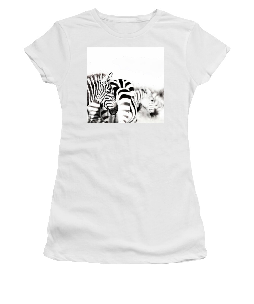 Portrait Women's T-Shirt featuring the photograph Zebras black and white by Jane Rix