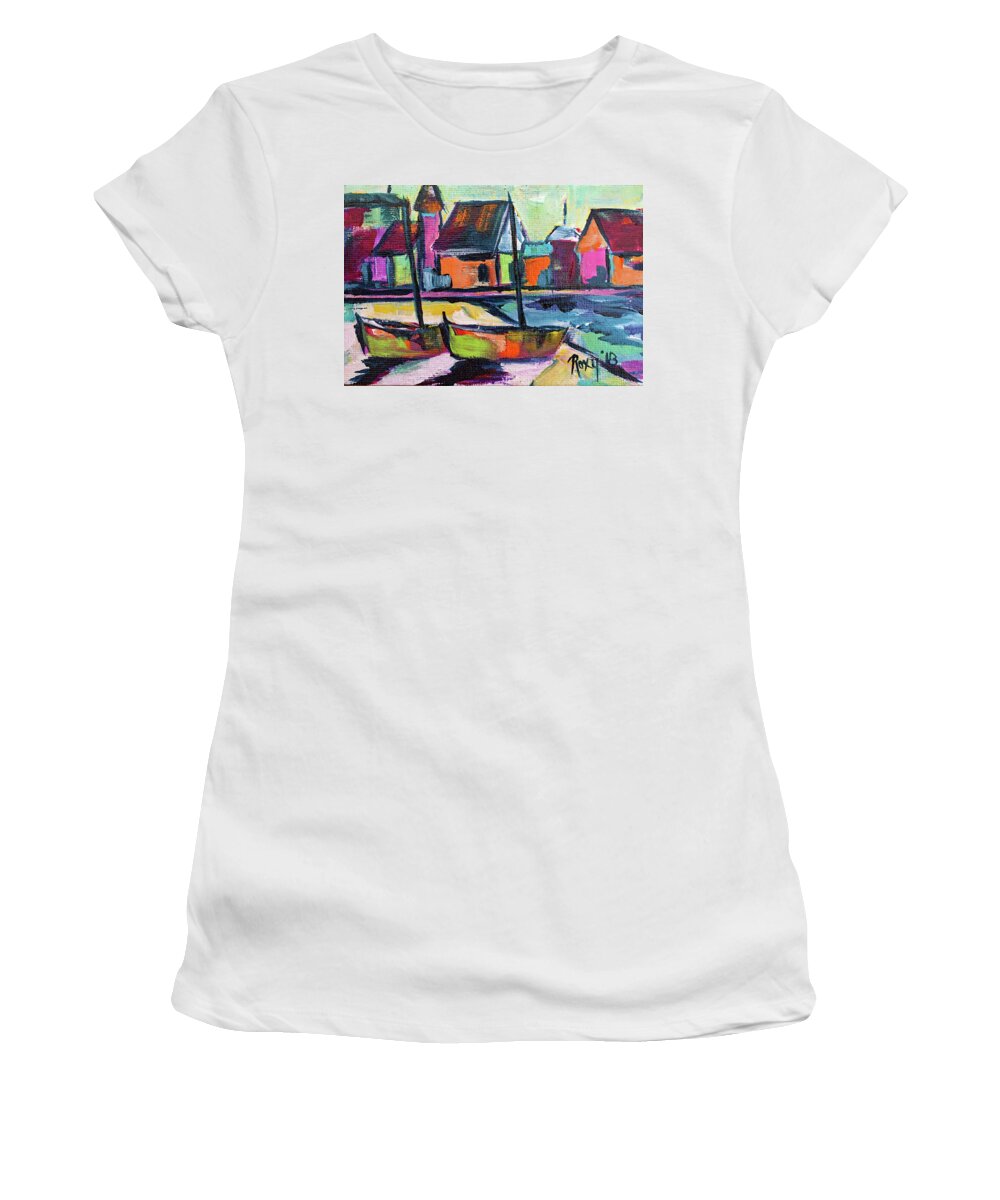 Boats Women's T-Shirt featuring the painting Boardwalk Boats #1 by Roxy Rich