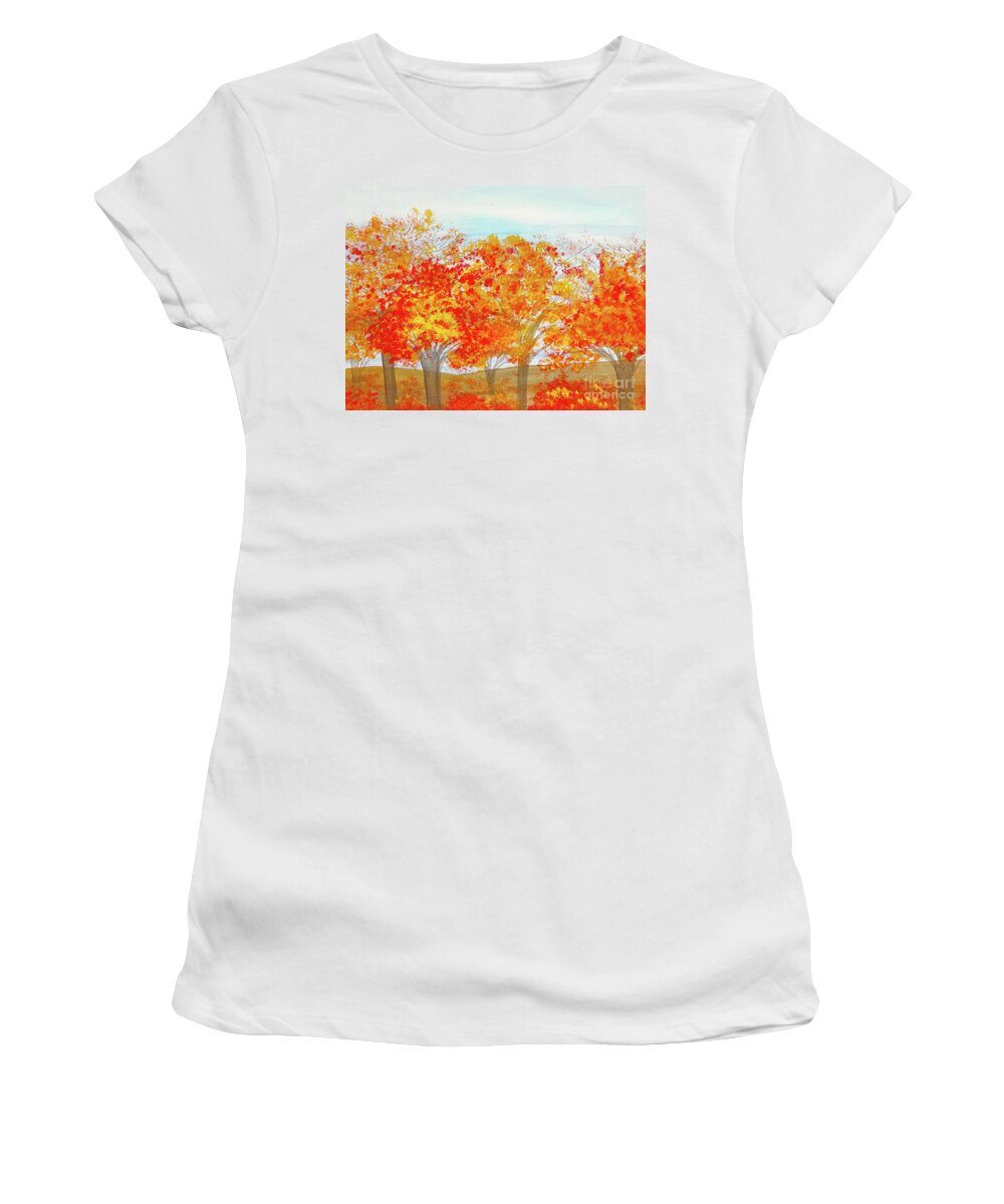 Fall Women's T-Shirt featuring the mixed media Fall Trees #1 by Lisa Neuman