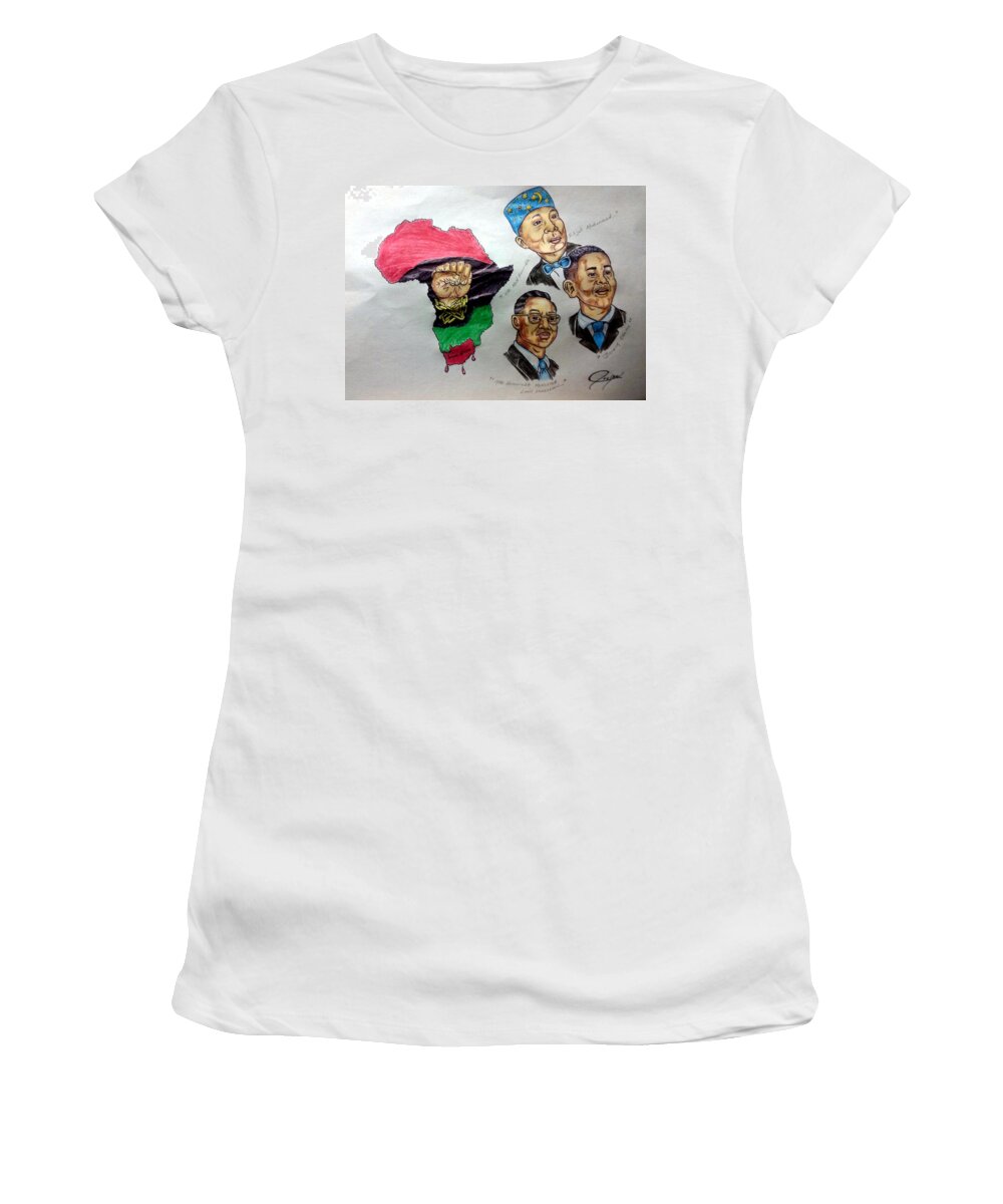 Black Art Women's T-Shirt featuring the drawing Farrakhan, Elijah Muhammad, and President Obama #1 by Joedee