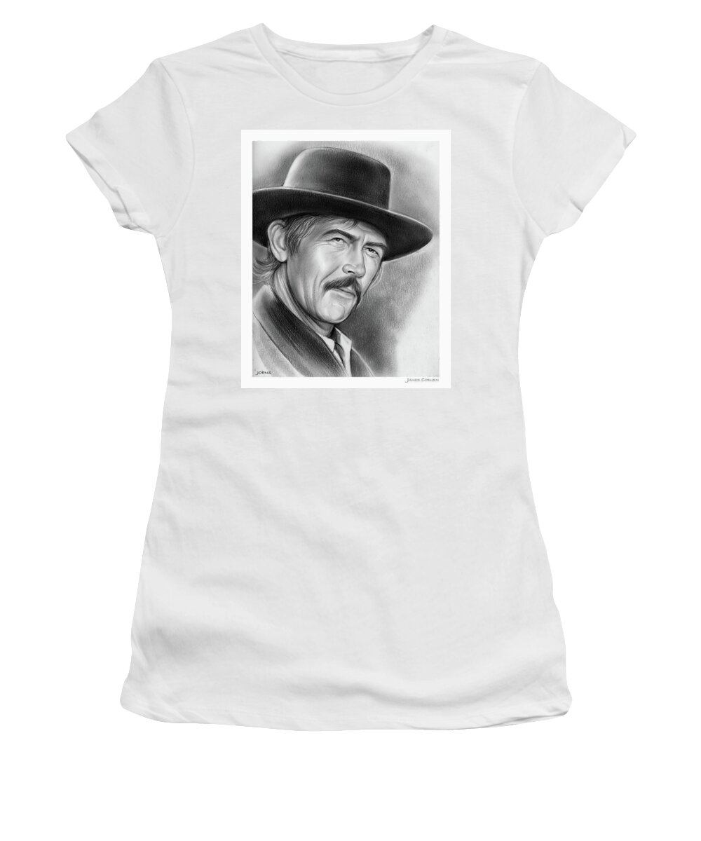 James Coburn Women's T-Shirt featuring the drawing James Coburn #1 by Greg Joens