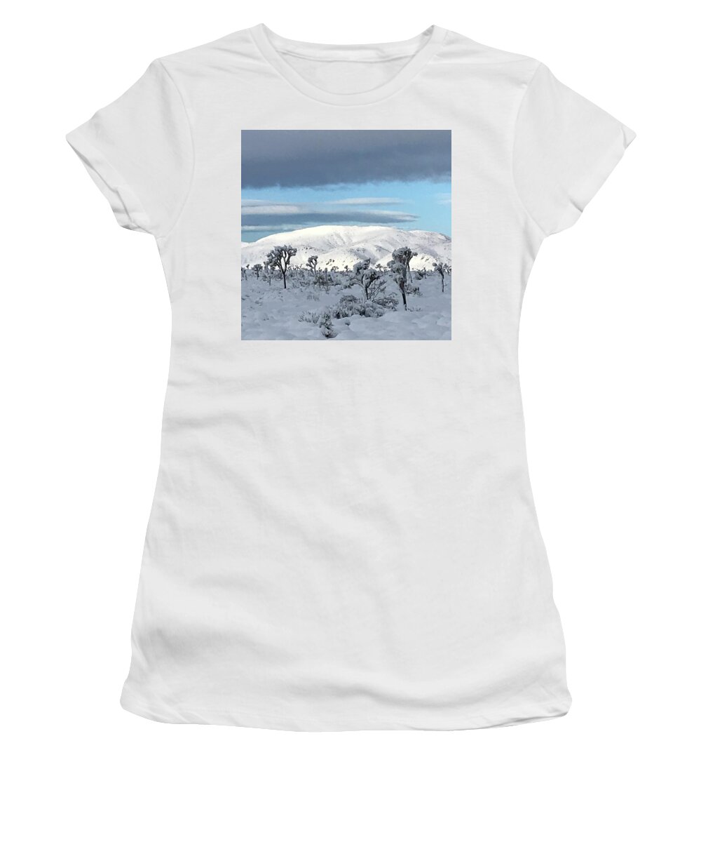 Joshua Tree Women's T-Shirt featuring the photograph Joshua Tree in Snow #1 by Perry Hoffman