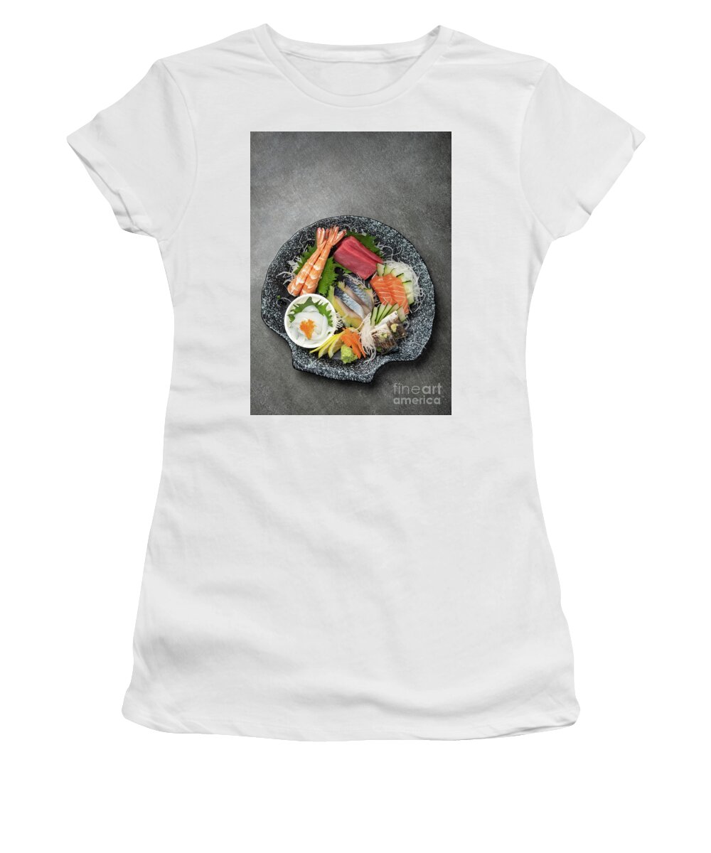 Asia Women's T-Shirt featuring the photograph Mixed Sashimi Plate In Japanese Restaurant On Grey Background #1 by JM Travel Photography